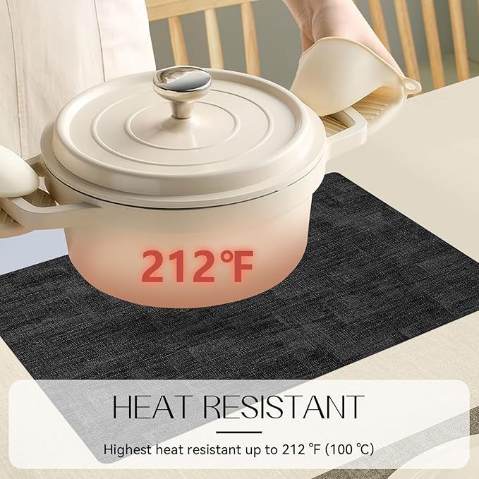 Romanstile Reversible Vinyl Placemats Set of 6, Faux Leather 100% Waterproof Oil-Proof Wipeable Place Mats, Heat Resistant Dual Sided Table Mats for Kitchen/Dining/Party (Grey Black, 12 x 17 Inch)