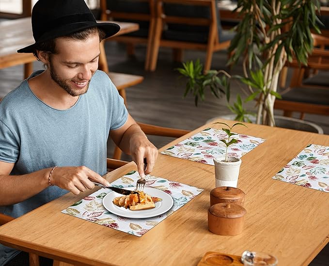 Ruvanti Placemats 100% Cotton 13x19 Inch, Dining Table Placemats Set of 6, Modern Place Mats for Dining Table Decor, Kitchen & Table Linens, Coffee Mat for Christmas Dinners - Stamped Leaves