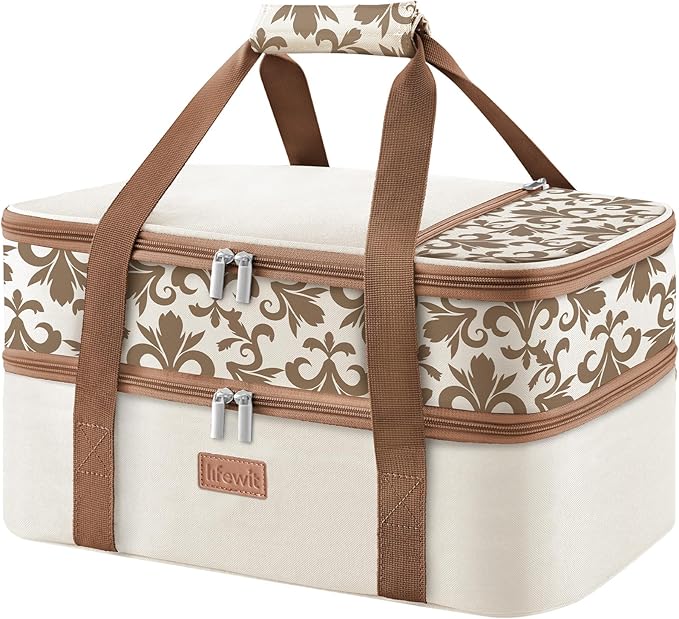 Lifewit Double Decker Casserole Carrier for Hot or Cold Food, Insulated Casserole Baking Dish Bag Food Carrier, Lasagna Holder for Potluck/Parties/Picnic/Cookouts, Fits 9"x13" Baking Dish, Cream