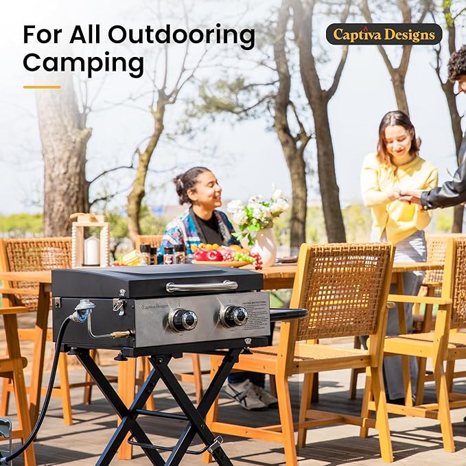 Captiva Designs 17 Inch 2 Burner Portable Propane Gas Griddle Grill with Lid, Outdoor Foldable Flat Top Grill with Stand for Barbecue, Camping and Tailgating