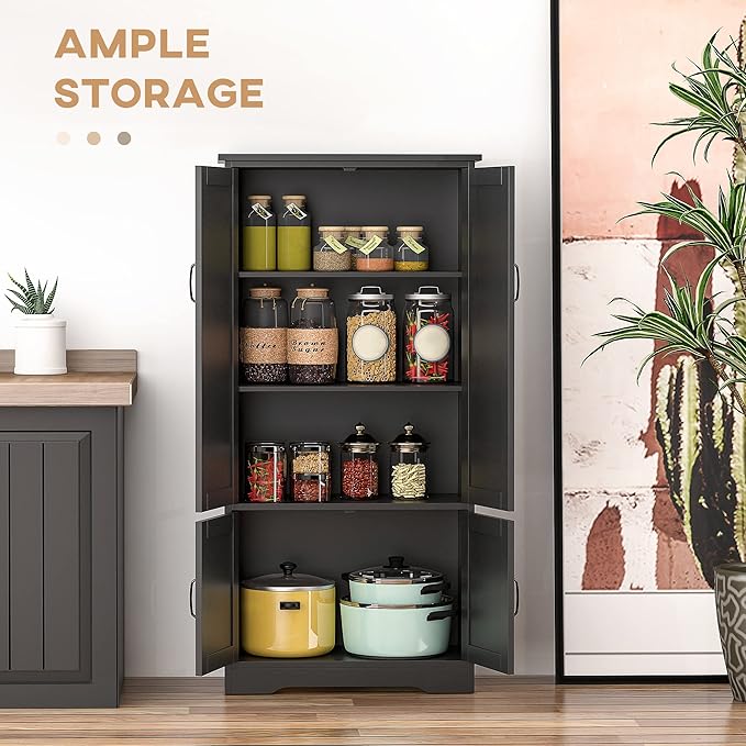 HOMCOM 48.5" Kitchen Pantry Cabinet with 2 Adjustable Shelves and 4 Beadboard Doors, Compact Farmhouse Kitchen Storage Cabinet for Dining Room, Black