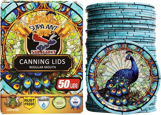 Supa Ant Thickest Canning Lids Regular Mouth (50 Pcs.) Food Grade Tin-Can Lids for Canned Food-Buckle Proof & Rust Proof Lid for Canning Kit for Regular Mouth Mason Jars(Painted Glass)Canning Supplies