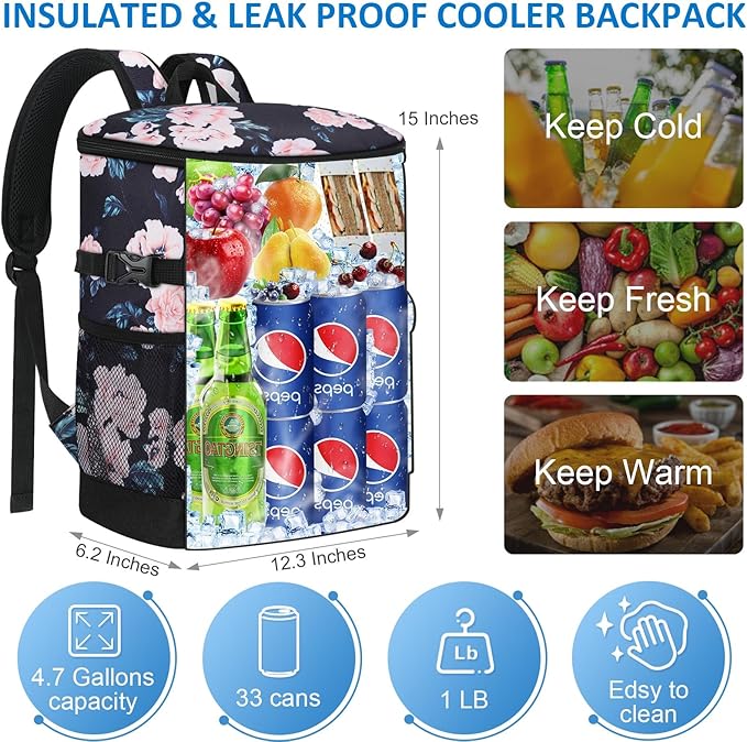 Cooler Backpack 33 Cans Backpack Coolers Insulated Leak Proof Soft Beach Cooler Bag for Men Women Ice Chest Backpack Camping Hiking Picnic Travel Cooler Lunch Backpack