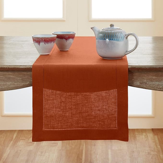 Solino Home Linen Cinnamon Hemstitch Table Runner 48 Inches - 100% Pure Linen Small Table Runner 14 x 48 Inch Ideal for Dresser and Coffee Tables - Classic Hemstitch - Fall, Autumn, Halloween