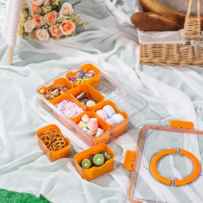 Divided Snack Serving Tray with Lid and Handle Travel Snackle Charcuterie Container Portable Storage Organizer for Candy, Fruits, Nuts, Snacks, Party, Picnic (1pack, Orange)