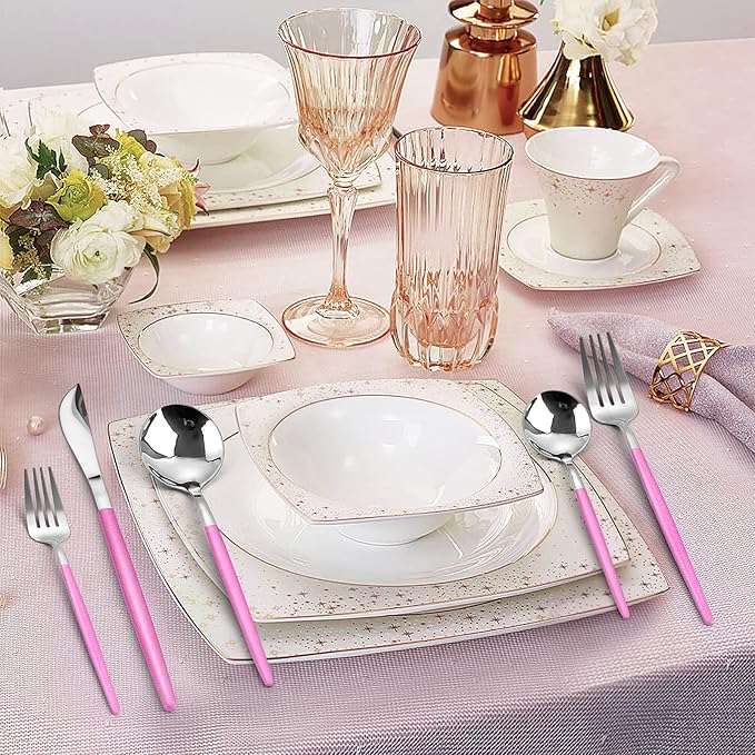 Mirror Silver Rosy Silverware Set, 20-Piece Stainless Steel Flatware Set, Satin Finish tableware Cutlery Set, Service for 4, Home and Restaurant, Dishwasher Safe