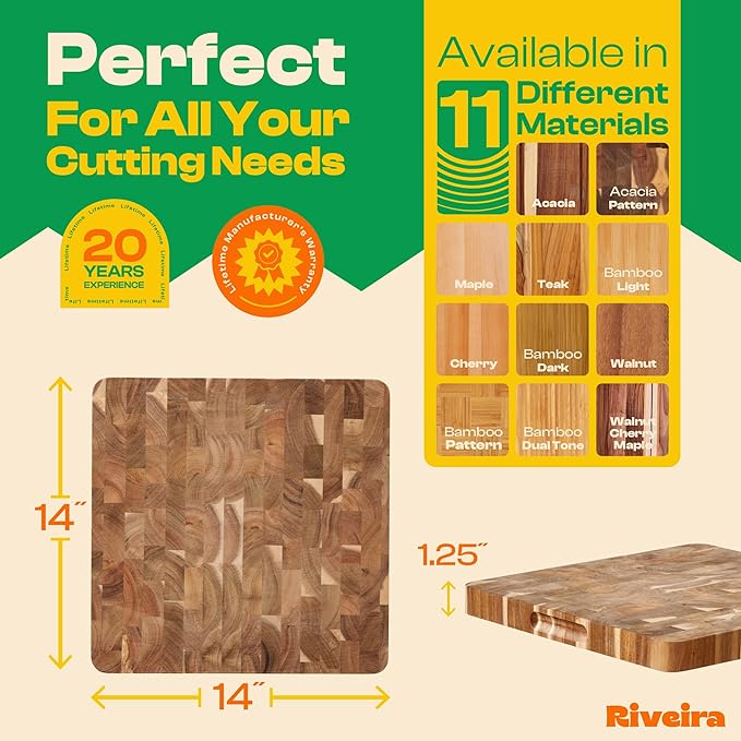 Riveira Acacia Wood Cutting Board – Gourmet Acacia Grandeur: 14 x 14 Wooden Cutting Board – Natural Wooden Cutting Boards For Kitchen Decorative – Innovative Juice Grooves Acacia Wooden Chopping Board