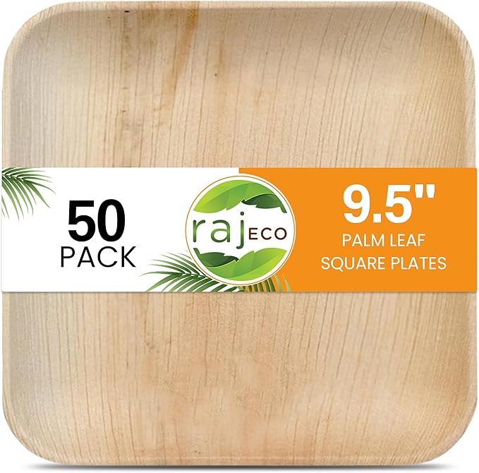Raj Disposable Palm Leaf Plate [50-Pack] Large Square Plates Strong and Reusable Party Plate Like Bamboo Plates - Decorative Compostable Tableware for Lunch, Dinner, Birthday, Outdoor BBQ