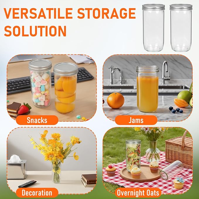 24 oz Wide Mouth Mason Jars 8 Pack, Glass Tall Mason Jars with Airtight Lids and Bands for Canning, Preserving, Fermenting, Pickling, DIY Projects