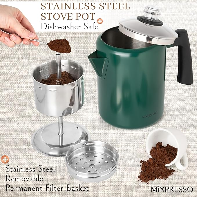 Mixpresso Green Stainless Steel Coffee Percolator Stovetop, 37oz Classic Percolator Coffee Pot, Great For Camping Pot, 5-8 Cup Stove Top Espresso Maker, Cool-Touch Handle