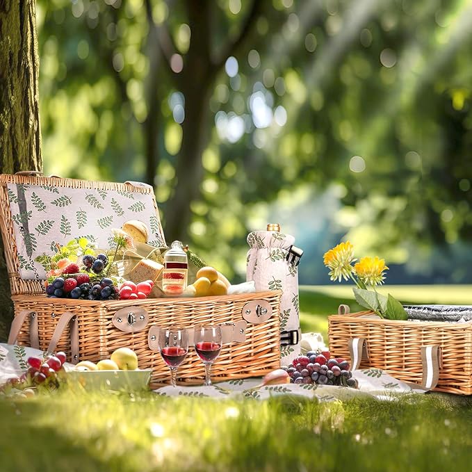 Hap Tim Dual Wicker Picnic Basket Set with Blanket Charcuterie Boards for 2/4/6 - Unique Gifts Ideas for Couple, Engagement, Wedding, Bridal Shower, Family, Christmas - White Elephant Gifts for Adults