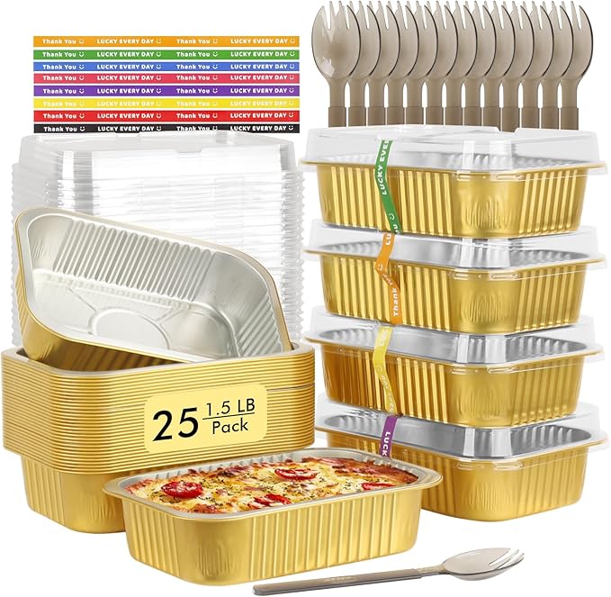 LNYZQUS 1.5lb Small Foil Pans with Lids 25 Pack, 7” x 5” Individual Baking Tins Leftover Containers,24oz Aluminum To Go Baked Food Containers Large Loaf Cake Pans Take Out Holders-Gold