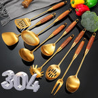 Gold Kitchen Utensils Set, 9 PCS 18/10 Stainless Steel Cooking tools Wood Handle, Solid and Slotted Spoon, Fork, Spatula, Ladle, Skimmer, Slotted Tunner, Spaghetti and Large Spoon