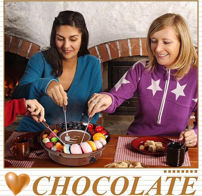 Lallisa Electric Fondue Pot Set, Chocolate Fondue Kit, Electric Fondue Maker, Detachable Serving Trays with 4 Roasting Forks, Gift Set for Date Night House Warming Melting Parties(Brown)