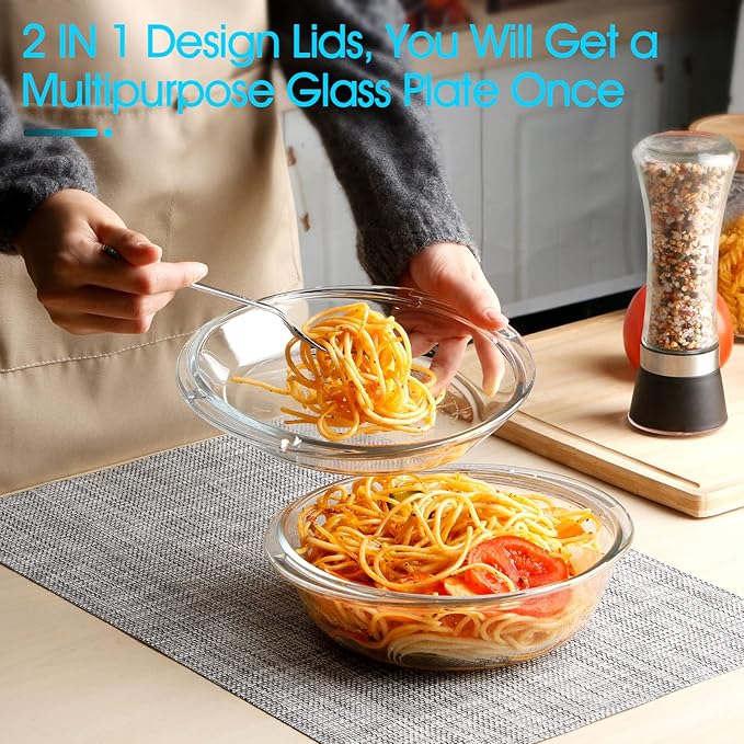 Mini-1 Liter Glass Casserole Dish With Lid, Round Oven Safe Glass Bakeware with Handles