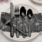 Black Hammered Silverware Set, 20-Piece Heavy Duty Stainless Steel Flatware Sets for 4, Food-Grade Cutlery Set for Home Restaurant, Mirror Polished, Dishwasher Safe