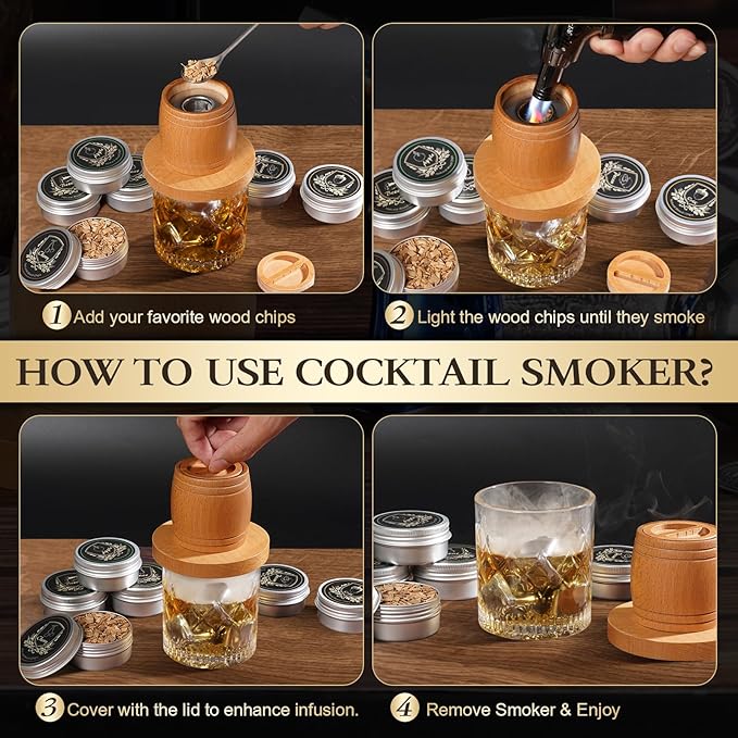 G GOOD GAIN Whiskey Smoker Kit with Torch - Old Fashioned Cocktail Smoker Kit with 6 Flavors Wood Chips | Drink Bourbon Infuser Set with 4 Stainless Steel Ice Stone for Men, Dad (No Fuel Included)