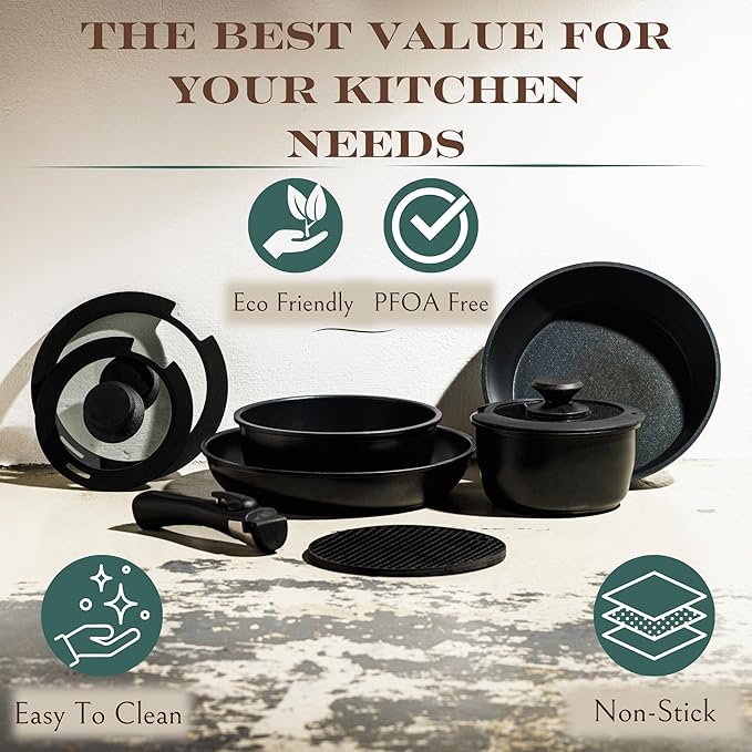 Moss & Stone 10pcs Black Pots and Pans Set Non Stick, Cookware Sets Detachable Handle, RV Kitchen Set Removable Handle, Oven Safe, Induction Ready, Stackable Non-stick Set, Camping Cookware Set