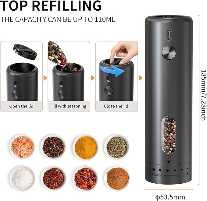 Electric Salt and Pepper Grinder Set Automatic Pepper Mill Shakers Adjustable Coarseness Easy Filling Upgraded USB Rechargeable Electric Spice Mill Set with Led (2 Pack Black/Black）