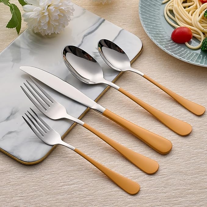20-Piece Orange Silverware Set 18/0 Stainless Steel Silverware Set Orange Handle Cutlery Set Service for 4 Dinner Knives Forks Spoons Set Flatware Set Finish Dishwasher Safe