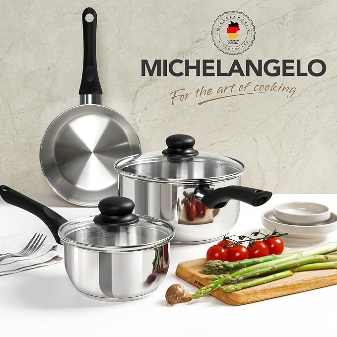 MICHELANGELO Stainless Steel Saucepan with Lid 6pcs, Triply Base Stainless Steel Pot Set, Saucepan Set with Bakelite Handle - 1QT & 2QT & 3QT