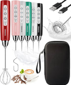 YUSWKO Rechargeable Milk Frother for Coffee, Handheld Drink Mixer with 3 Heads 3 Speeds, Ideal Coffee Frother Wand for Travel - Red