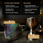 5 Piece Cocktail Kit by Bull In China - Premium Bartender Gift Set Includes Weighted 2 Piece Boston Shaker, Hammered Bell Jigger, Hawthorne Strainer & Fine Mesh Strainer (Matte Black)