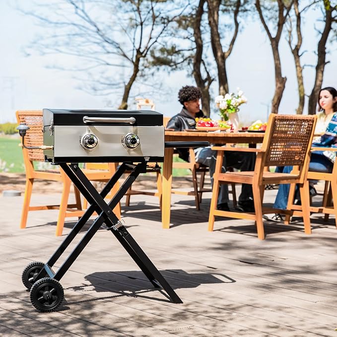GREEN PARTY 2 Burner BBQ Propane Gas Griddle with Collapsible Stand, 18 Inch Portable Griddle with Side Table & 253 Sq. In. Cooking Area, Flat Top Gas Grill for Outdoor Cooking Garden Patio Backyard