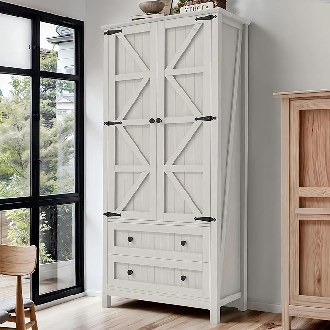 DWVO 64.5" H Kitchen Pantry Cabinet, Storage Cabinet with Barn Doors, 2 Drawers and Adjustable Shelves, Farmhouse Cupboard for Dining Room, Living Room, Bathroom, Off White