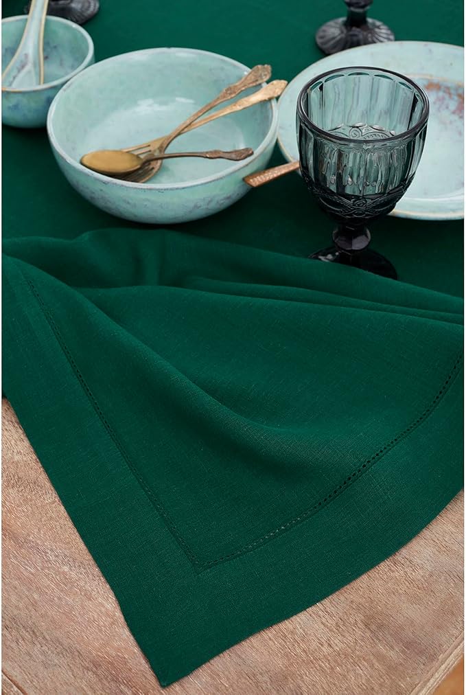 Solino Home Linen Tablecloth for Rectangle Tables 54 x 72 Inch - Classic Hemstitch 100% Pure Linen Rainforest Green Table Cloth - Machine Washable Cloth Tablecloth for Fall, Autumn