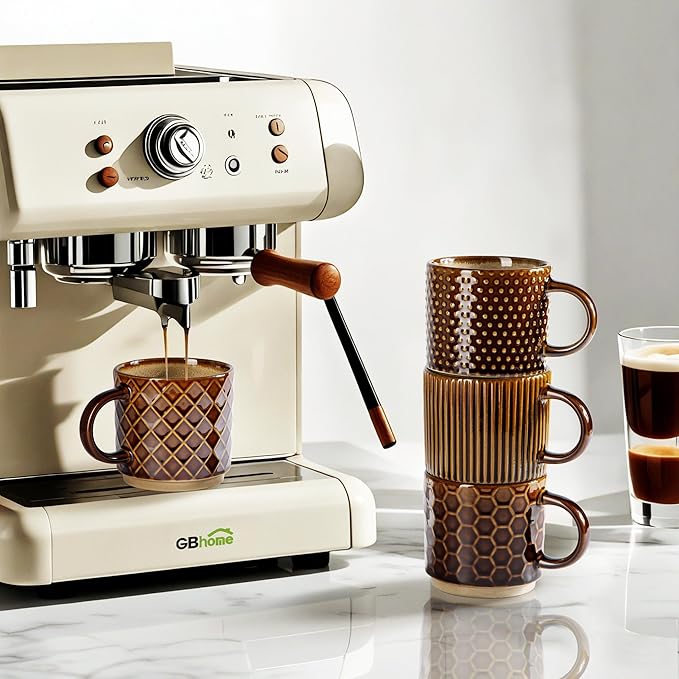 GBHOME 15OZ Stackable Coffee Mugs, Ceramic Coffee Cups with Texture Patterns for Man,Woman,Dad,Mom, Modern Mugs Set of 4 for Latte/Cappuccino/Cocoa. Dishwasher&Microwave Safe, Caramel