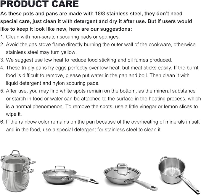 Fortune Candy 8-Inch Fry Pan with Lid, 3-ply Skillet, 18/8 Stainless Steel, Dishwasher Safe, Induction Ready, Silver