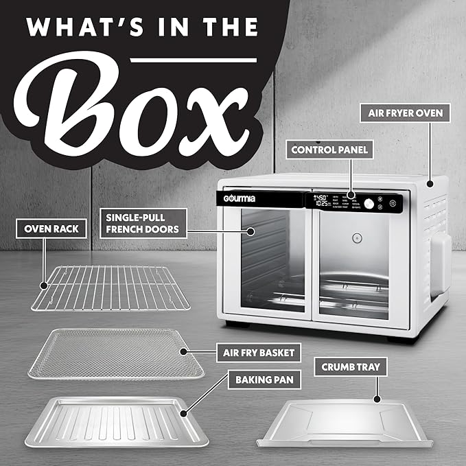 Gourmia French Door Digital Air Fryer Oven - 25-Quart XL Capacity, 12 Presets, Touchscreen, FryForce 360° Tech, Dehydrate, Proof, Slow Cook, Fits 13” Pizza, 1700W, White
