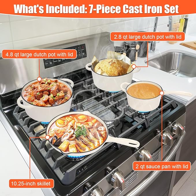 QuliMetal Nonstick Enameled Cast Iron Cookware Set, 7-Pcs Pots and Pans with Lid, Frying Pan Skillet, Sauce Pan, Healthy Round Dutch Oven Pot for Sourdough Bread Baking on All Stovetop, Cream White