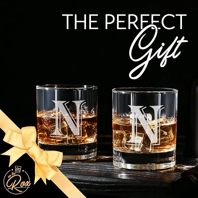 Monogrammed Gifts for Men - 4PC 11 Oz Custom Whiskey Glasses (N-Monogram) - Engraved Whiskey Glasses - Personalized Whiskey Glasses - Unique Bourbon Glasses - Personalized Glass Gifts for Dad