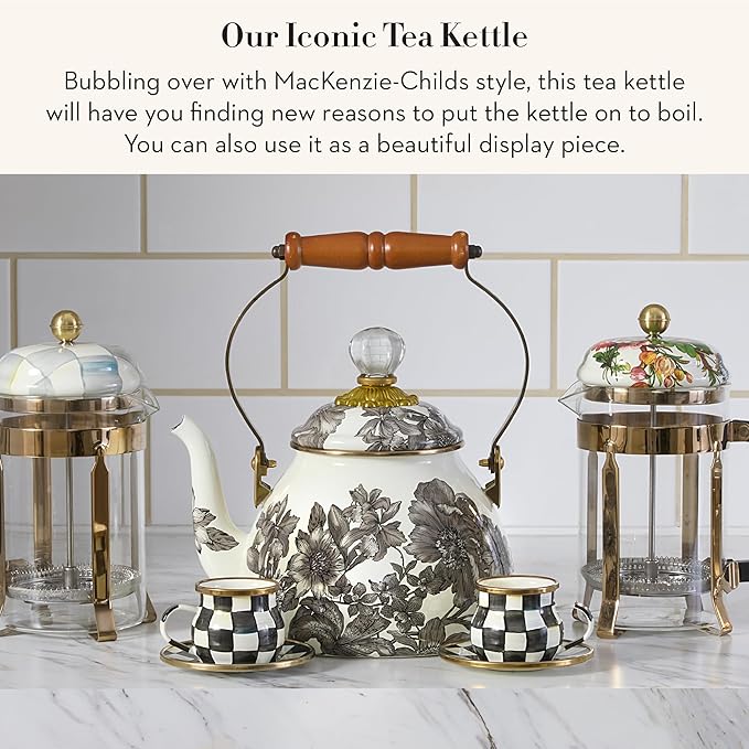 MACKENZIE-CHILDS 2-Quart Enamel Tea Kettle, Cute Tea Kettle for Stovetop, Sterling English Garden