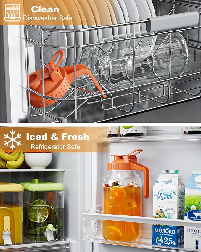 Glass Pitcher with Airtight Lid and Spout, 64oz Glass Mason Jar | Wide Mouth | Leakproof | Water Jug for Juice, Sun Iced Tea, Cold Brew Coffee, Milk Storage, Orange