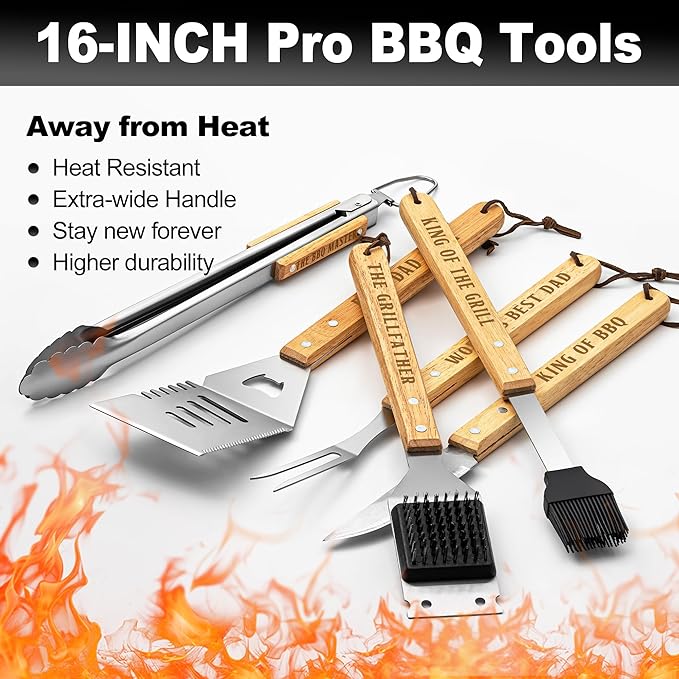 Dad Gifts from Daughter Son, Dad Grilling Birthday Gift Heavy Duty Wooden BBQ Grilling Accessories Kit for Backyard, Thick Stainless Steel Grill Utensils with Non-Slip Handle Tools in Portable Bag