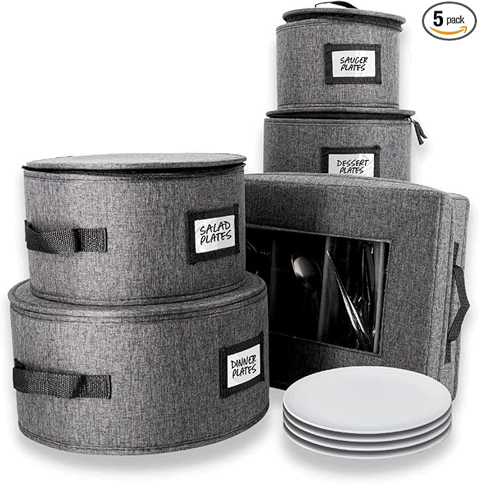 HOMELUX THEORY Hard Shell China Storage Containers for Dishes, 5pcs Flatware & Plate storage Containers, Heavy Duty Dish and Dinnerware Storage with Lid for Packing Dinner Plate, Utensil & Silverware