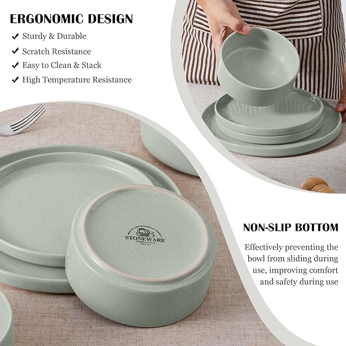 E-far Dinnerware Sets for 6, 18-Piece Stoneware Plates and Bowls Dish Set, Modern Kitchen Dinning Dishware, Chip and Scratch Resistant, Microwave & Dishwasher Safe, Speckled Green