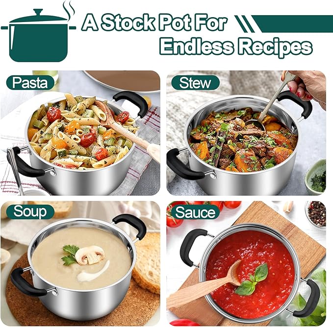 TeamFar 3 Quart Stock Pot, Stainless Steel Stock Pasta Soup Pot with Lid, Tempered Glass Lid & Double Heat-Proof Handles, Non-Toxic & Healthy, Heavy Duty & Dishwasher Safe