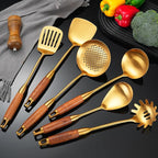 Gold Kitchen Utensils Set with Wooden Handle, 6 PCS Professional Cooking Utensils Set, Wok Spatula, Ladle, Skimmer, Slotted Spatula Turner, Spaghetti Spoon, Large Spoon
