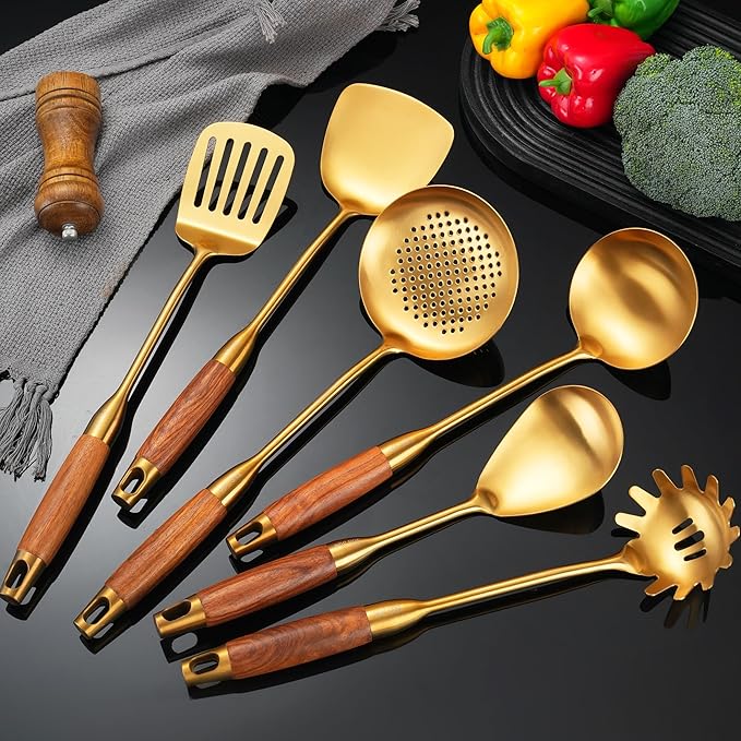 Gold Kitchen Utensils Set with Wooden Handle, 6 PCS Professional Cooking Utensils Set, Wok Spatula, Ladle, Skimmer, Slotted Spatula Turner, Spaghetti Spoon, Large Spoon