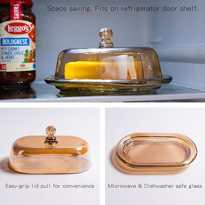 Champagne Color Glass Butter Dish with Lid, Covered Butter Stick Holder Tray, Large Crystal Glass Butter Storage Container for Kitchen Countertop