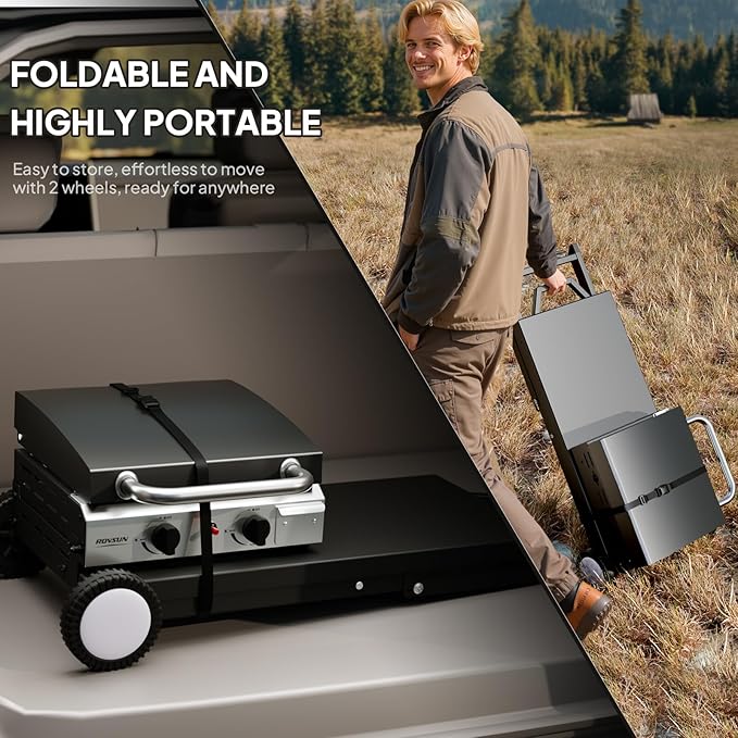 ROVSUN 2 Burner Foldable Propane Griddle with Wheels, Enameled Tray & Lid, 20000 BTU Portable Rolling Flat Top Gas Grill with Electronic Ignition & Regulator for Outdoor Cooking Camping BBQ Tailgating