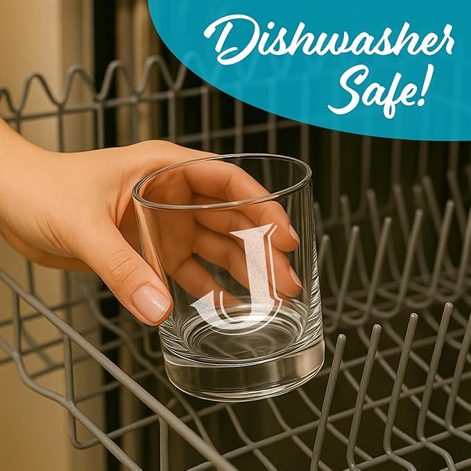 On The Rox Drinks (J-Monogram)- 4 Piece Set of 11 Ounce Engraved Heavy Base Rocks Glasses- Quality Elegant Glass-Multi-Purpose Beverage-Rocks Glass- Gift for any Occasion