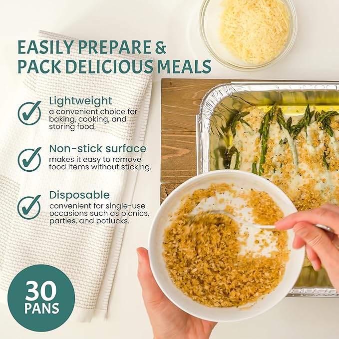 FUNSTITUTION Aluminum Foil Pans 8x4 Inches (30 Pack) - Tin Foil Pans with High Heat Conductivity - Disposable Aluminum Tray Cookware For Baking, Grilling, Cooking, Storing, Prepping