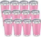 20 oz Tumbler with Lid Stainless Steel Insulated Tumblers Bulk Double Wall Vacuum Cups Powder Coated Travel Mug Keep Drinks Cold and Hot, Pink, 12 Pack