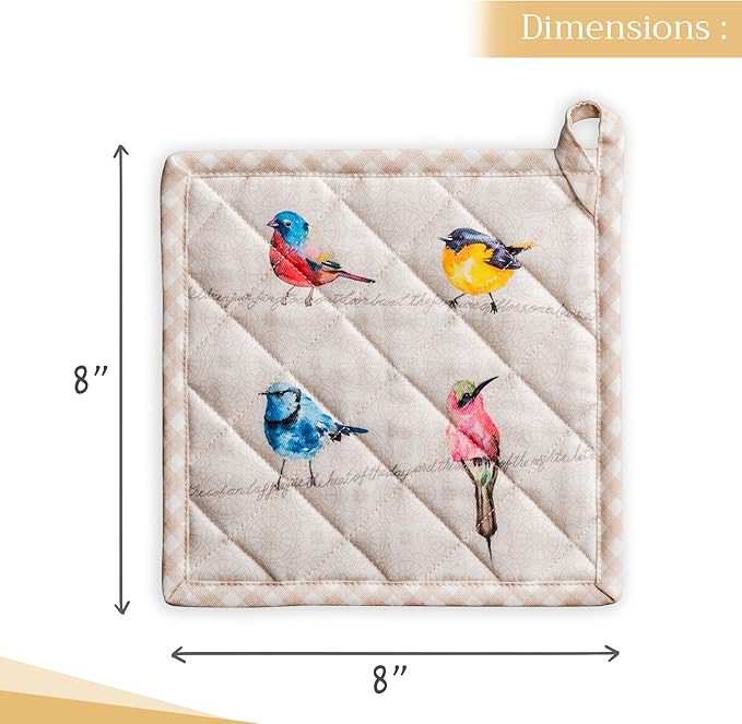 Maison d' Hermine Pot Holders set 100% Cotton Heat Resistant Potholders 8" x 8" Hot Pads with Loop BBQ, Cooking, Baking, Grilling, Kitchen, Handling Hot Pans Spring/Summer (Pack of 2, Birdies On Wire)