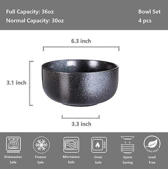 S&Q'S CERAMICS Soup Bowls - 36 Ounce Ceramic Bowl Set, Kitchen Bowls for Large Cereal, Noodle, Soup, Breakfast, Microwave and Dishwasher Safe, [Set of 4], Black and Grey
